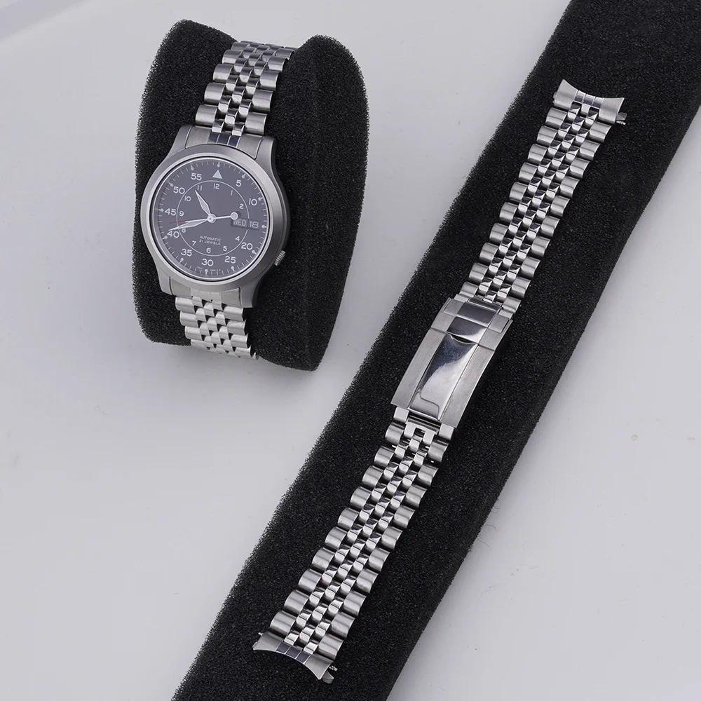 Rolamy 18mm Jubilee Strap For Seiko 5 SNK809 SNK807 805 803 Sliver Hollow Curved End Solid Screw Lin
