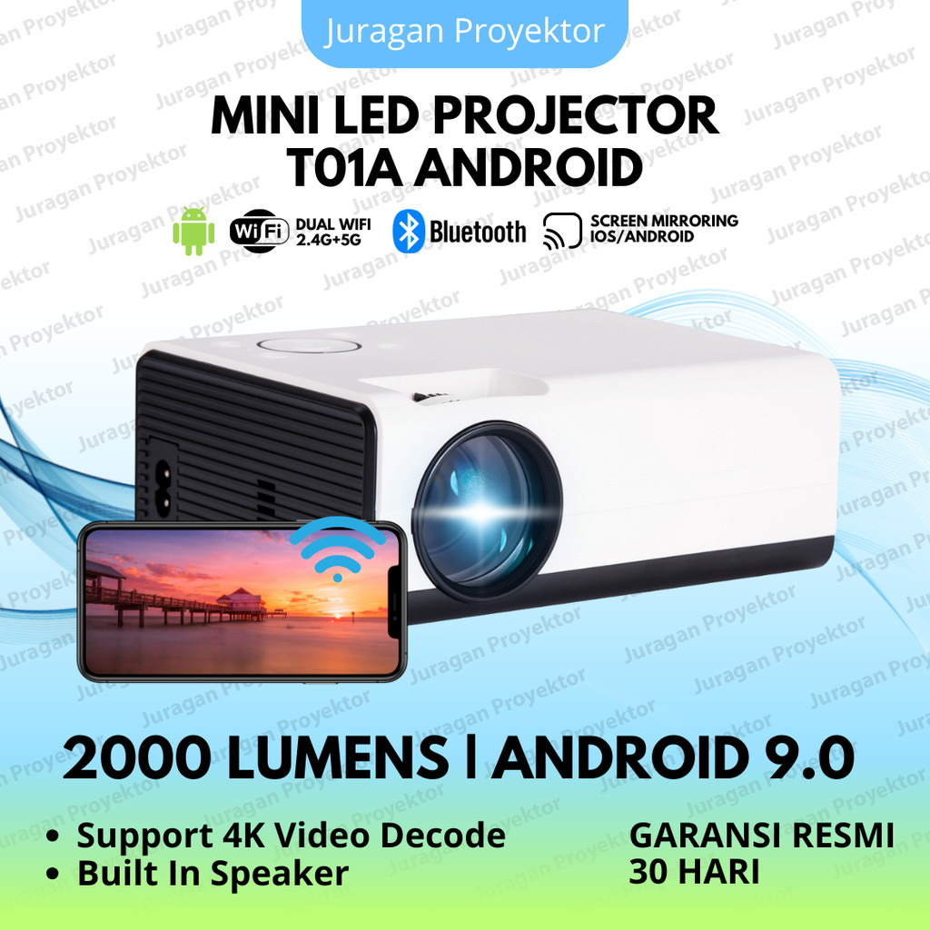 Proyektor Android T01A 2000 Lumens Smart Proyektor Wifi Bluetooth Proyektor Mini Portable T01A Proye