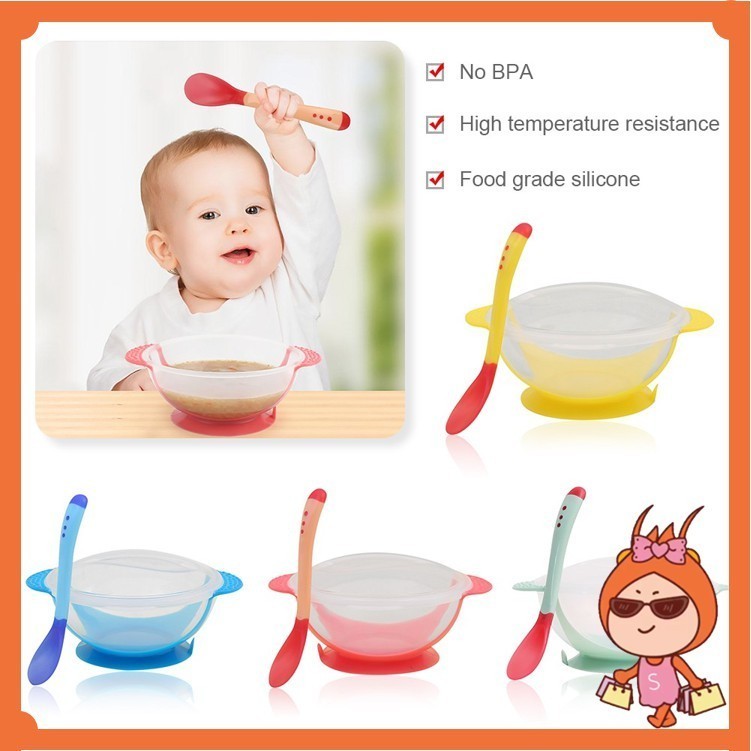 INSTAN TERMURAH COD Reseller  Set Mangkok Sendok Bayi Sensor Panas Anti Tumpah / Alat Makan Set MPAS