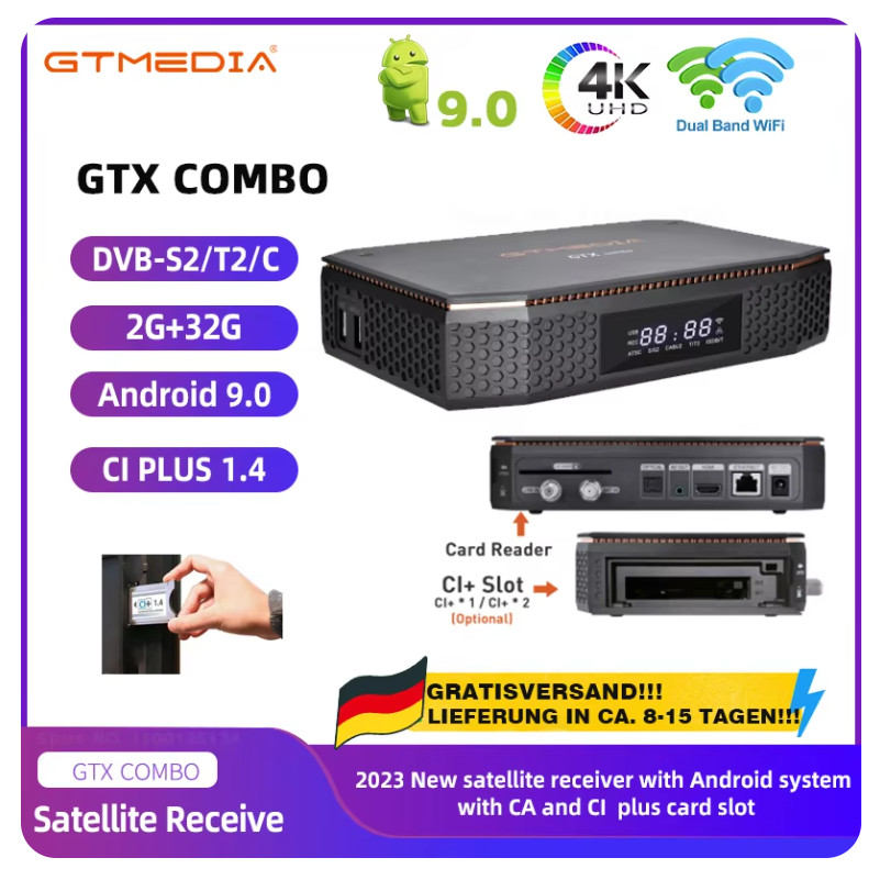 GTMEA GTX COMBO 4K 8K UHD Android 9.0 Super Satellite TV Receiver DVB-S/S2/S2X/DVB-T/T2/ISDBT-T 2G+3