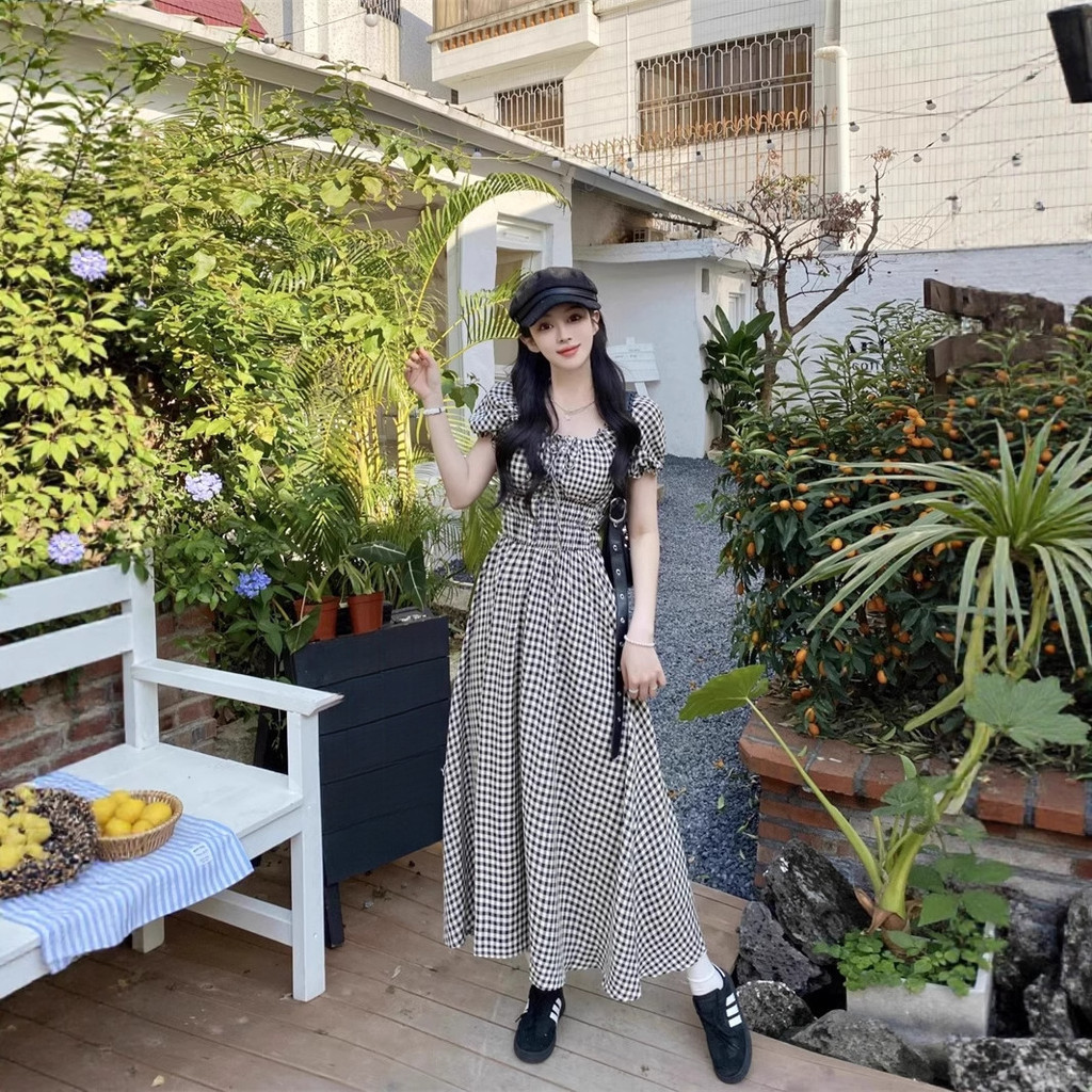 Chu Ran Gaun Lengan Pendek Kotak-Kotak Lipit Retro Prancis Musim Panas Baru Untuk Wanita Rok Panjang