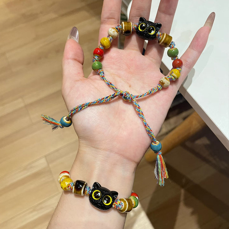 Gelang Vintage Cantik Motif Kucing Cat Gelang Tali Skull Kucing Dengan Rumbai Gelang tali kepang Gel