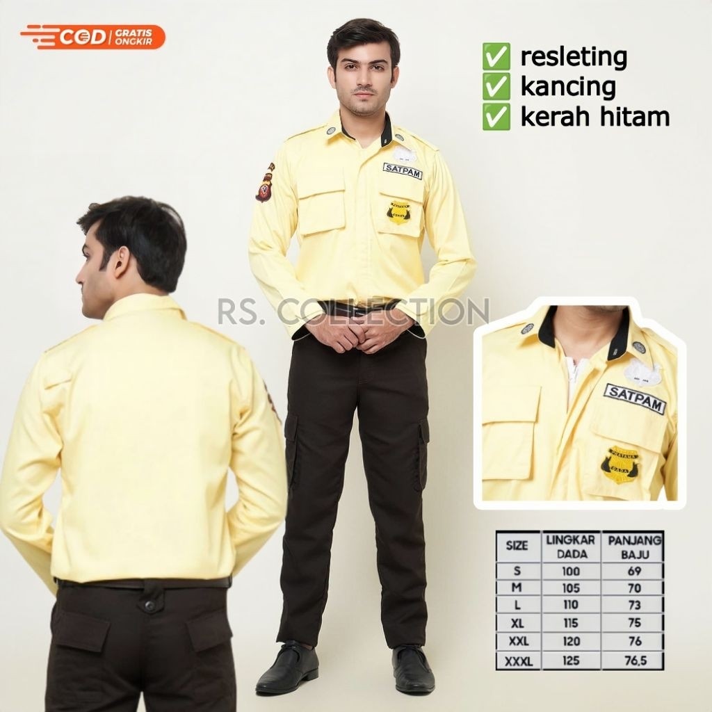 RS_COLLECTION || seragam pdl satpam resleting kerah hitam tangan panjang