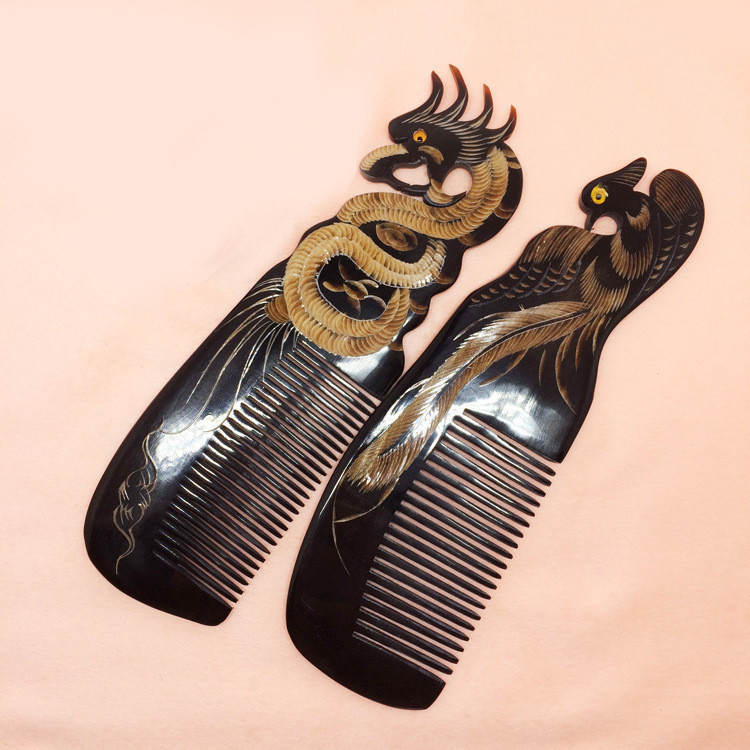 Sisir Tanduk Naga dan Phoenix Ukiran Besar Sisir Tanduk Kerbau Hitam Asli Sisir Rambut Phoenix Hitam