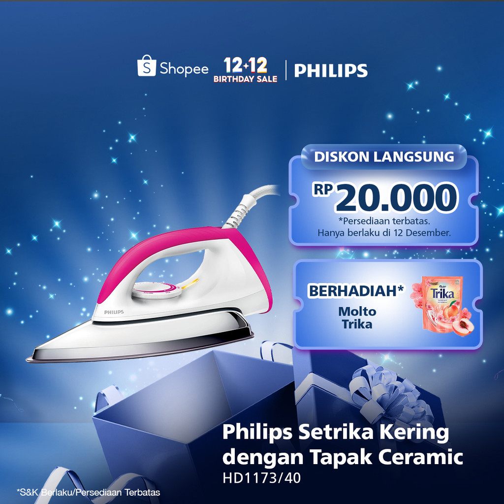 Philips Setrika kering HD1173/40 Pink, Ceramic 4 Lapis, Anti-Lengket, seterika philips, gosokan baju