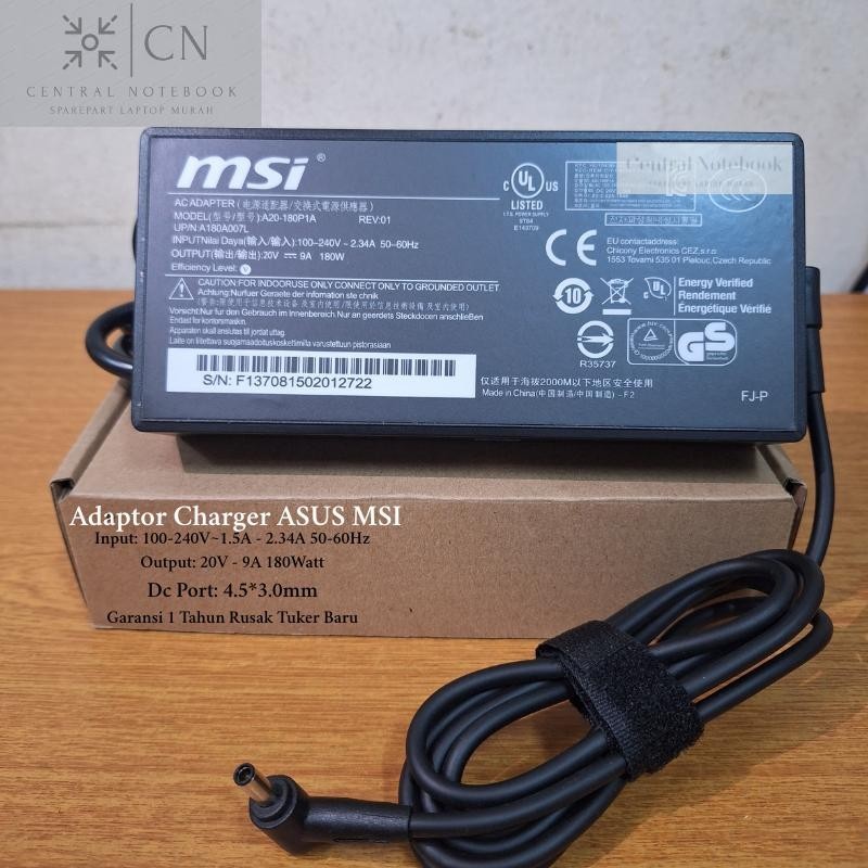 Adaptor Charger MSI 20V - 9A 180W DC 4.5*3.0mm A20-180P1A ADP-180TBH A17-180P4B -CP