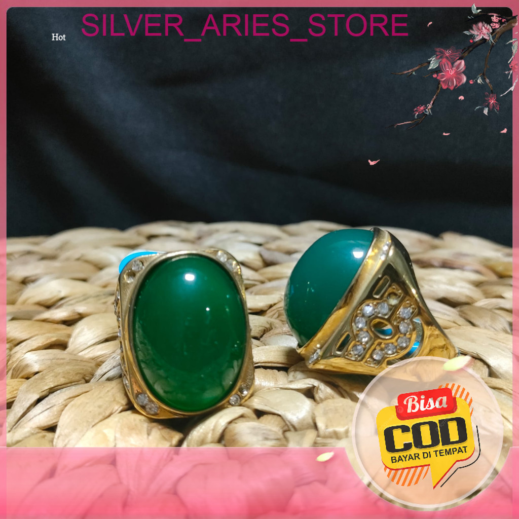 Silver Aries. Cincin Batu Akik Bacan Hijau Jumbo - Ukuran Batu Besar Ring Titanium Anti Karat.