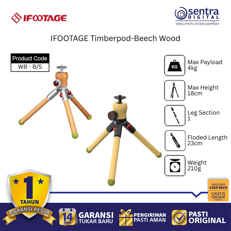 IFOOTAGE Timberpod WB Mini Tripod Beech Wood Vintage Design Premium Hand Grip Camera Photography Bla