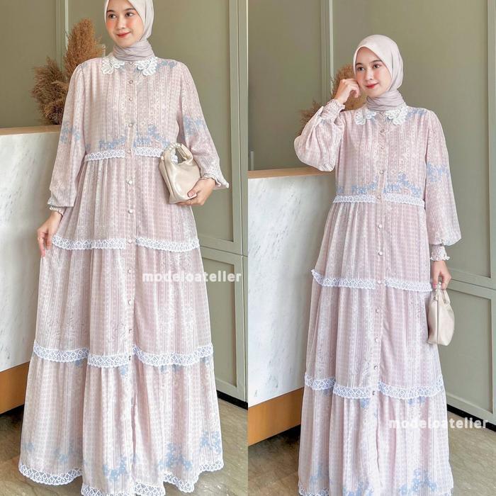 FELORA Vintage Dress / Raya Maxy Dress Wanita / Gamis Ceruty Kerah Korea Full Puring Mix Renda Konda