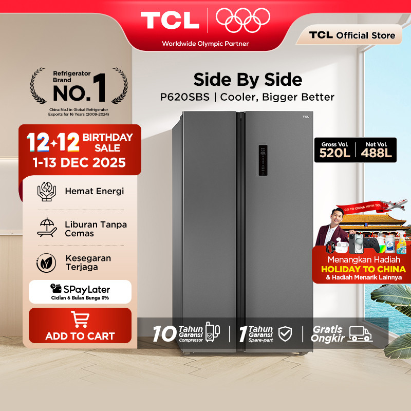 TCL Kulkas 2 Pintu Side by Side - Kapasitas 520L - Holiday Mode - Twin Eco Inverter - AAT Gen 2 Natu