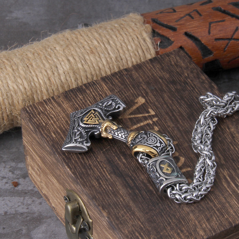 Norse Scandinavian Vienna Viking Valknut Necklace Men Vintage Stainless Steel Mjolnir Thor's Hammer 