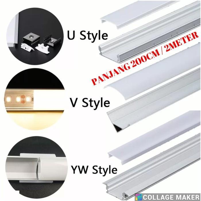 Rumah Aluminium U Led Strip Cover Casing Lampu 2 meter 2m List Rail - Model U, Hitam