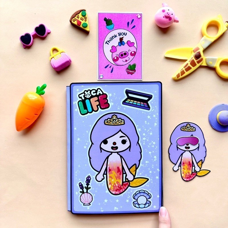 Laminasi Glossy Toca life world book Cute Mermaid green fairy house paper doll book with toca toy to
