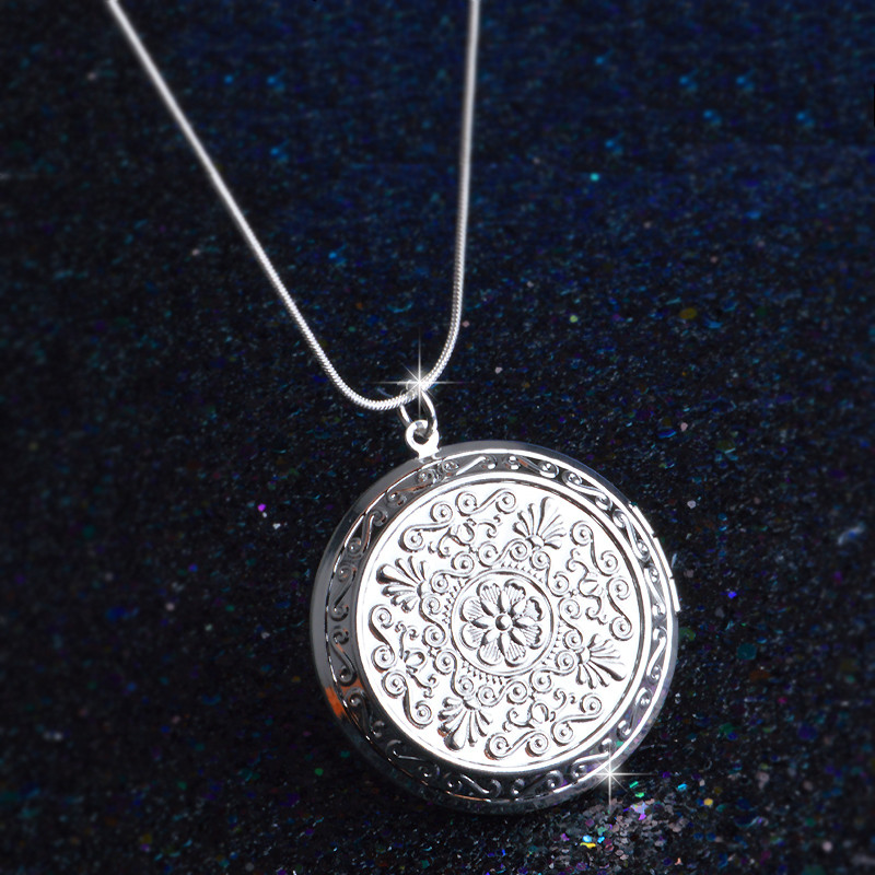 Vintage Elegant 925 Sterling Silver Round Photo Box Pendant Necklace Locket Necklaces Birthday Gift