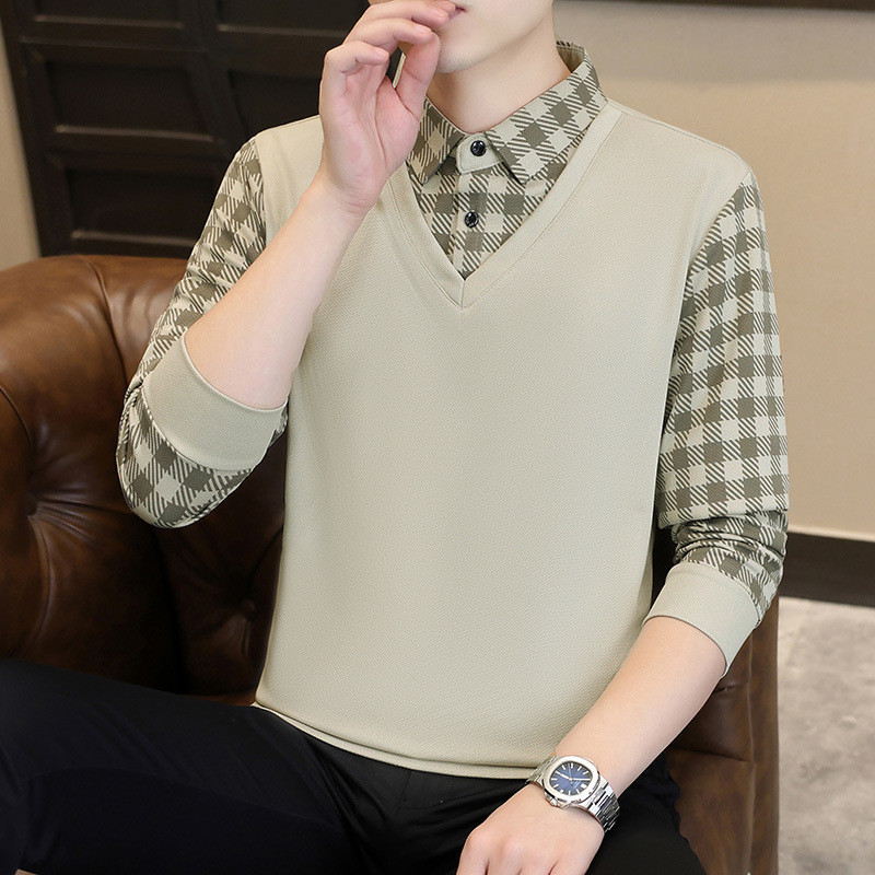 Pullover Kerah Lipat Dua Bagian Palsu Baru untuk Pria T Kaos untuk kaum muda