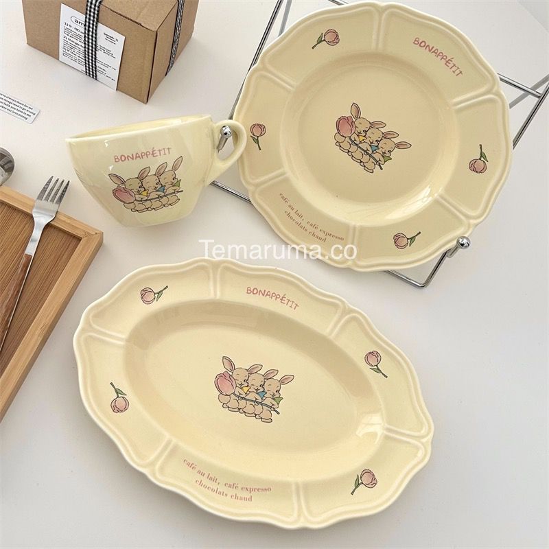 Korean Rabbit Aesthetic Plate / Piring Aesthetic Keramik Motif Kelinci Set / Gelas Bunny / Ceramic M