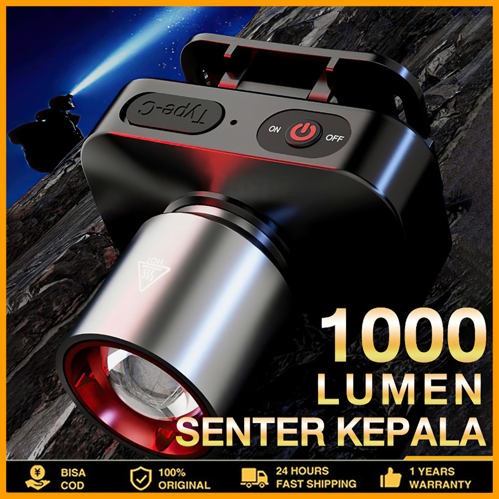 Senter Kepala Cahaya Maksimal Plus RechargePro dengan USB Fokus & Penyebaran Zoom 1000Lumen Termurah