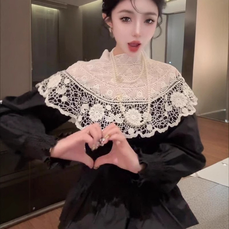 Kemeja Bordir untuk Wanita Renda Berat Kerah Setengah Tinggi Gaya Mengencangkan Pinggang