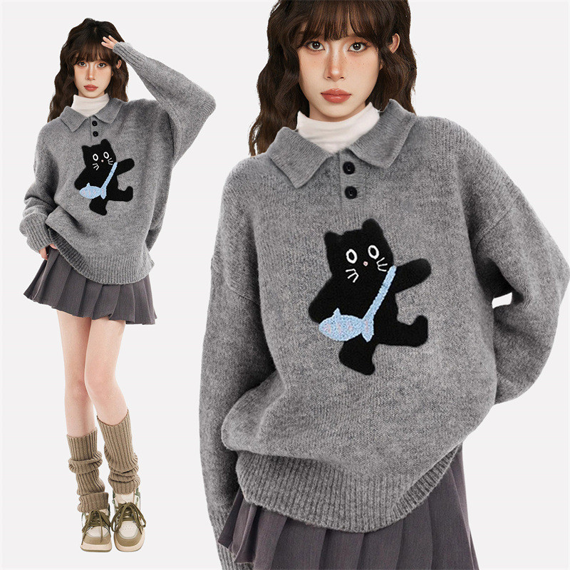 Abu-abu POLO Sweater Pullover Kucing Kerah Turun untuk Wanita