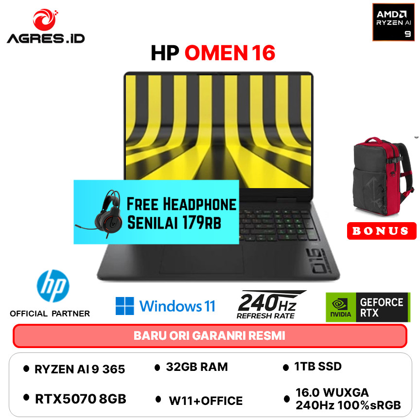 HP OMEN 16 RYZEN AI 9 365 RTX5070 8GB 32GB 1TB W11+OHS+M365B 16.0WQXGA 240HZ 4ZRGB 100SRGB AP0197AX