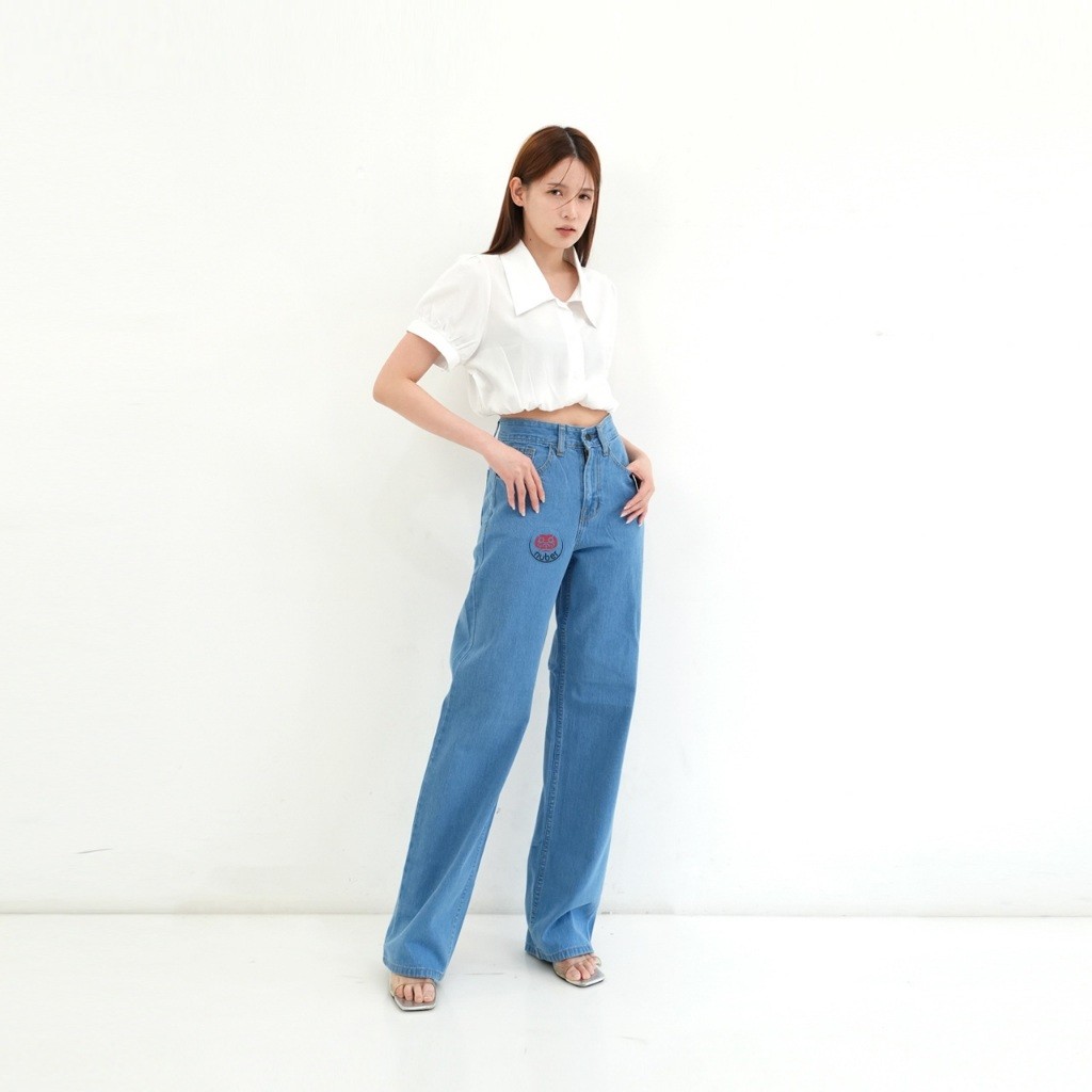 Loose High Waist Celana Panjang Jeans Wanita C17 Blue Spray