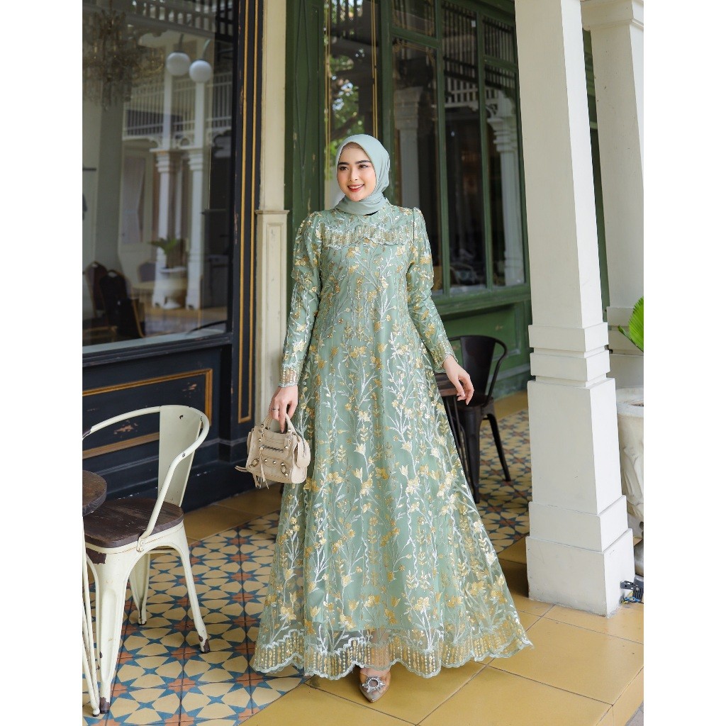 PROMO 12.12 SALE RAISHA - Gamis Brukat ADIBA Dress Kondangan Full Tile Brokat Bordir Keliling Untuk 