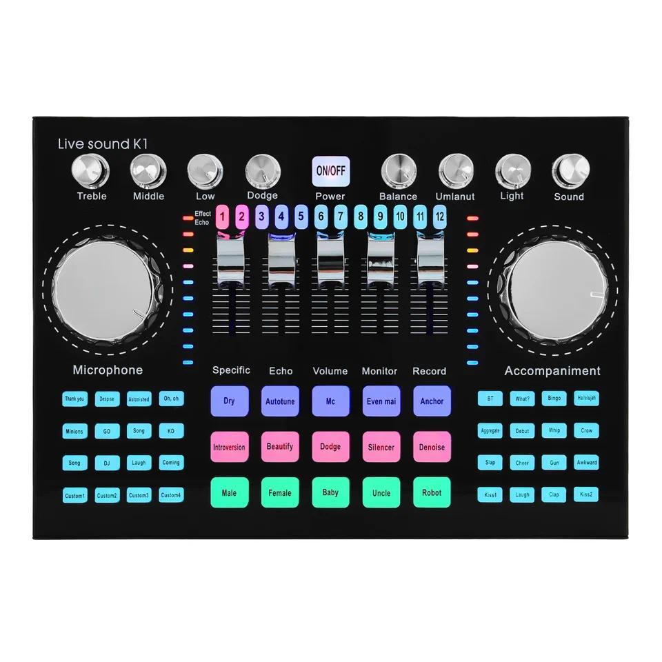 * K1 Live Sound Card Voice Changer Karaoke  Auo Mixer for Broadcast Recorng KTV Music Auo Multifunct