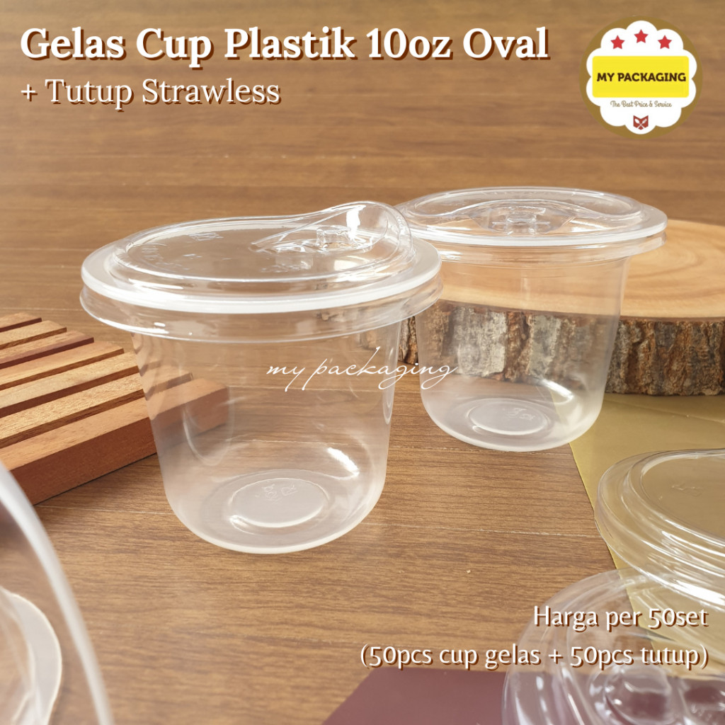 Gelas Cup Plastik POLYCUP TEBAL 10 12 14 16 oz Oval + Tutup Strawless - Harga per 50set