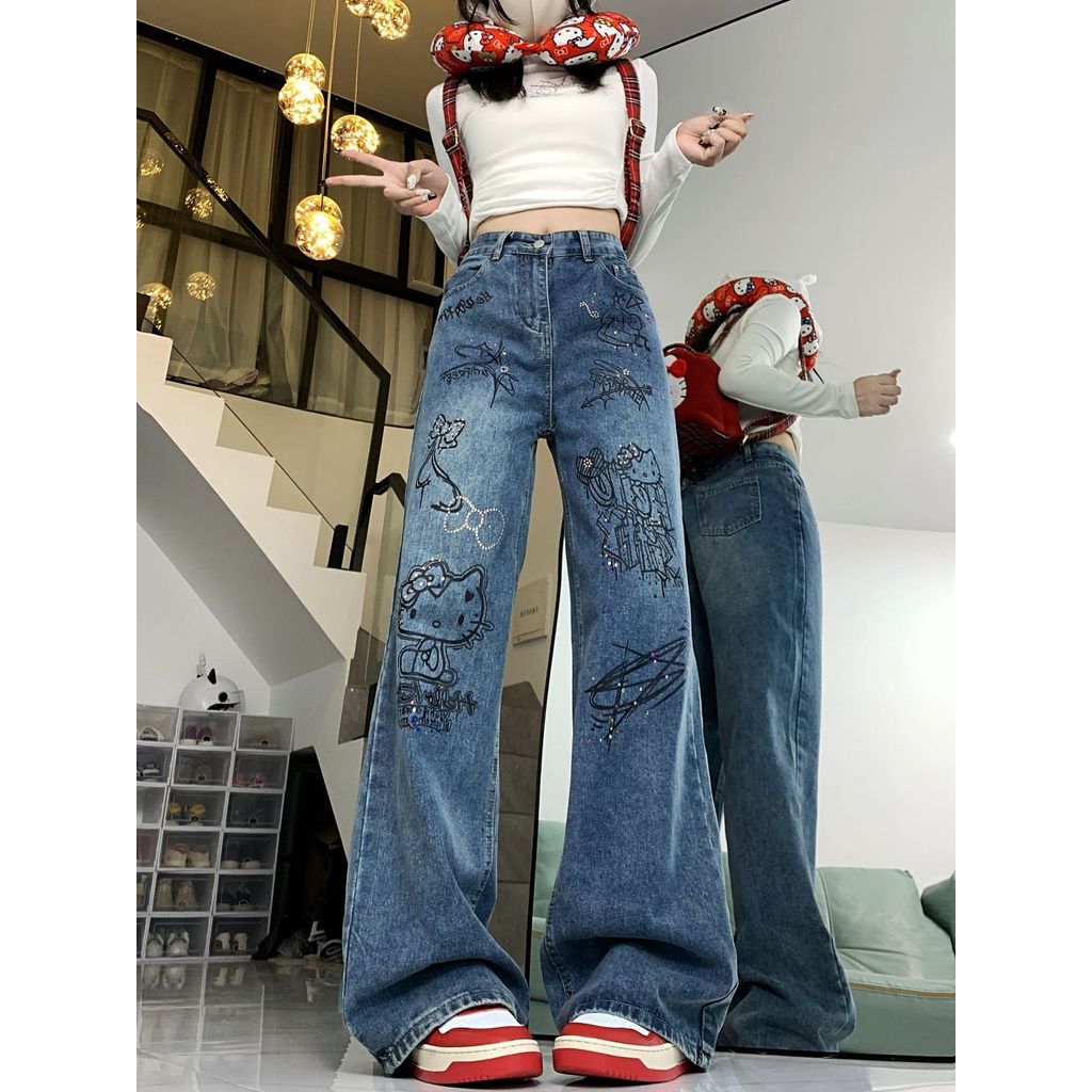 Celana jeans cetak, celana retro graffiti longgar, celana lurus, celana panjang.
