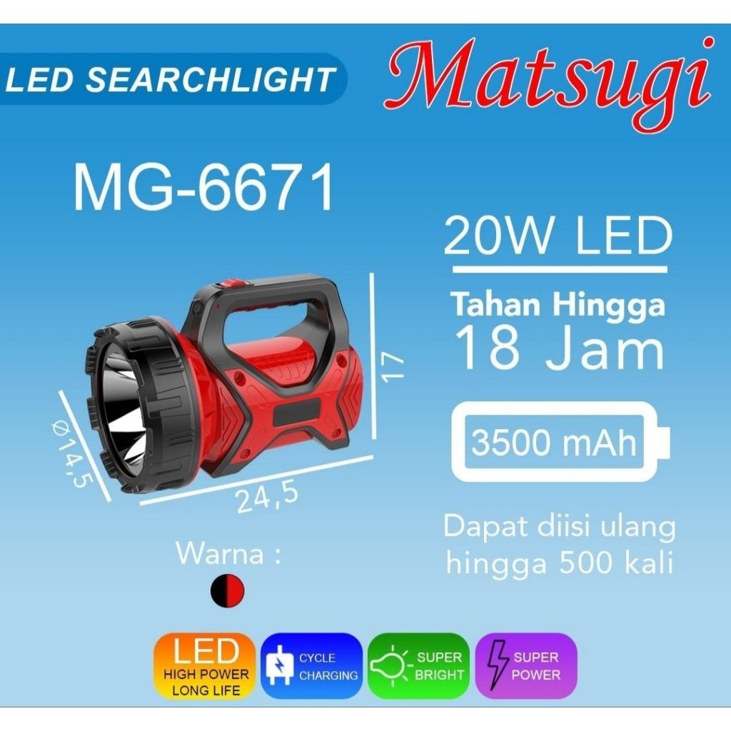 Senter Charge MATSUGI MG-6671 Kualitas Bagus I Senter Jumbo Premium I Senter Tambak Hutan Berburu MG