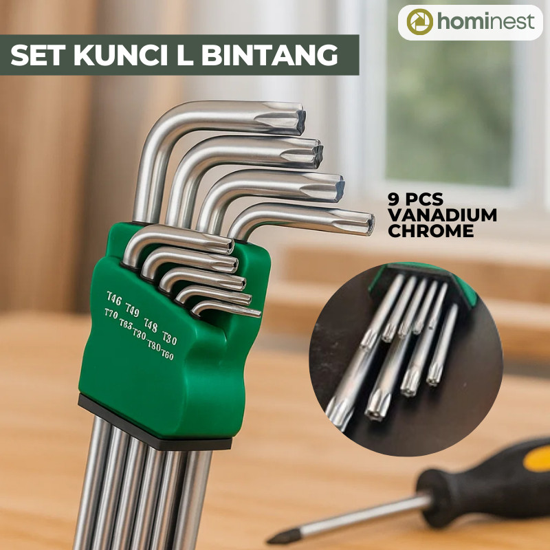 Kunci L Set Lengkap 9 PCS Bahan Vanadium Chrome Kunci L Bintang Kunci L Bintang Set Lengkap Kunci Bi