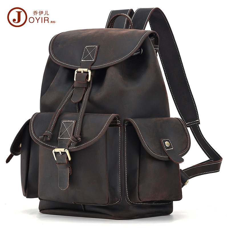 Crazy Horse Leather Backpack Flip Drawstring Men's Travel Bag Genuine Leather Backpack Men