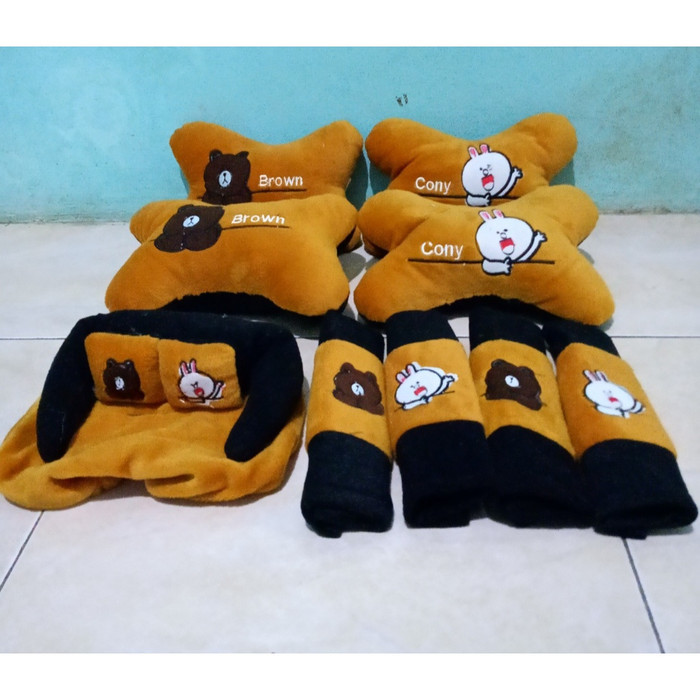 Bantal Mobil KARAKTER APLIKASI Coklat Set 9 in 1 Sandaran Leher