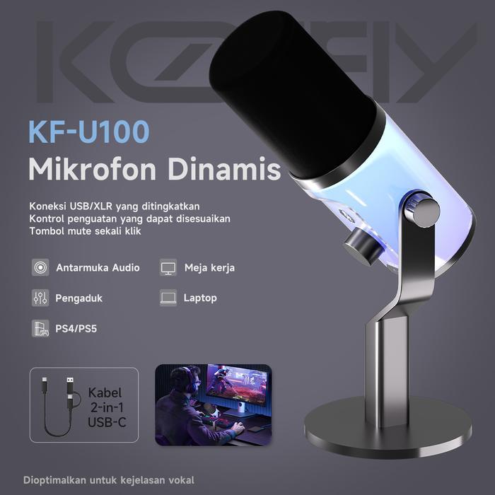 KF-U100+XPRO Headphones Mikrofon RGB Condenser USB+XLR Dual untukGaming Podcast Live Streaming Recor