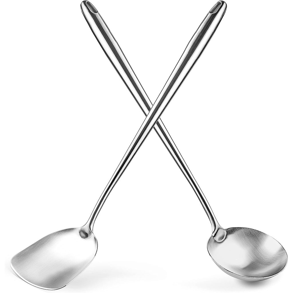 Wok Spatula and Ladle - Set of 2 Heat-Resistant Wok Tools - Wok Ladle and Spatula -304 Stainless Ste