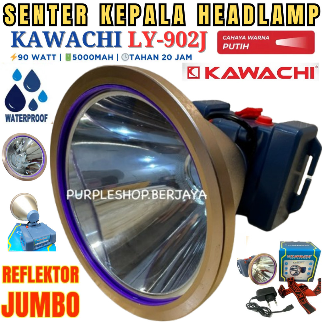 Senter Kepala Tahan Air 90 Watt Kawachi Ly-902j | Senter Camping 90w Cahaya Putih Cas Ulang Super Te