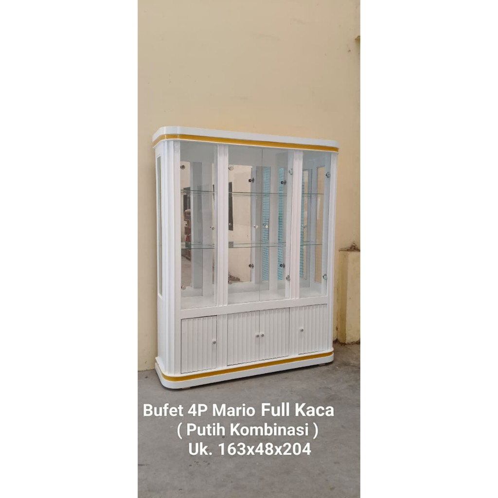 bufet pajangan 4 pintu type mario full kaca putih kombinasi
