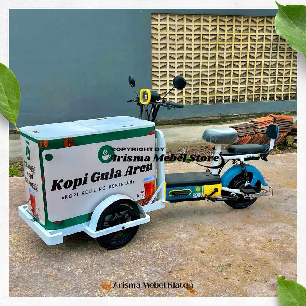 Arisma Gerobak Sepeda Listrik, gerobak kopi keliling, gerobak kopi sepeda listrik, gerobak kopi list