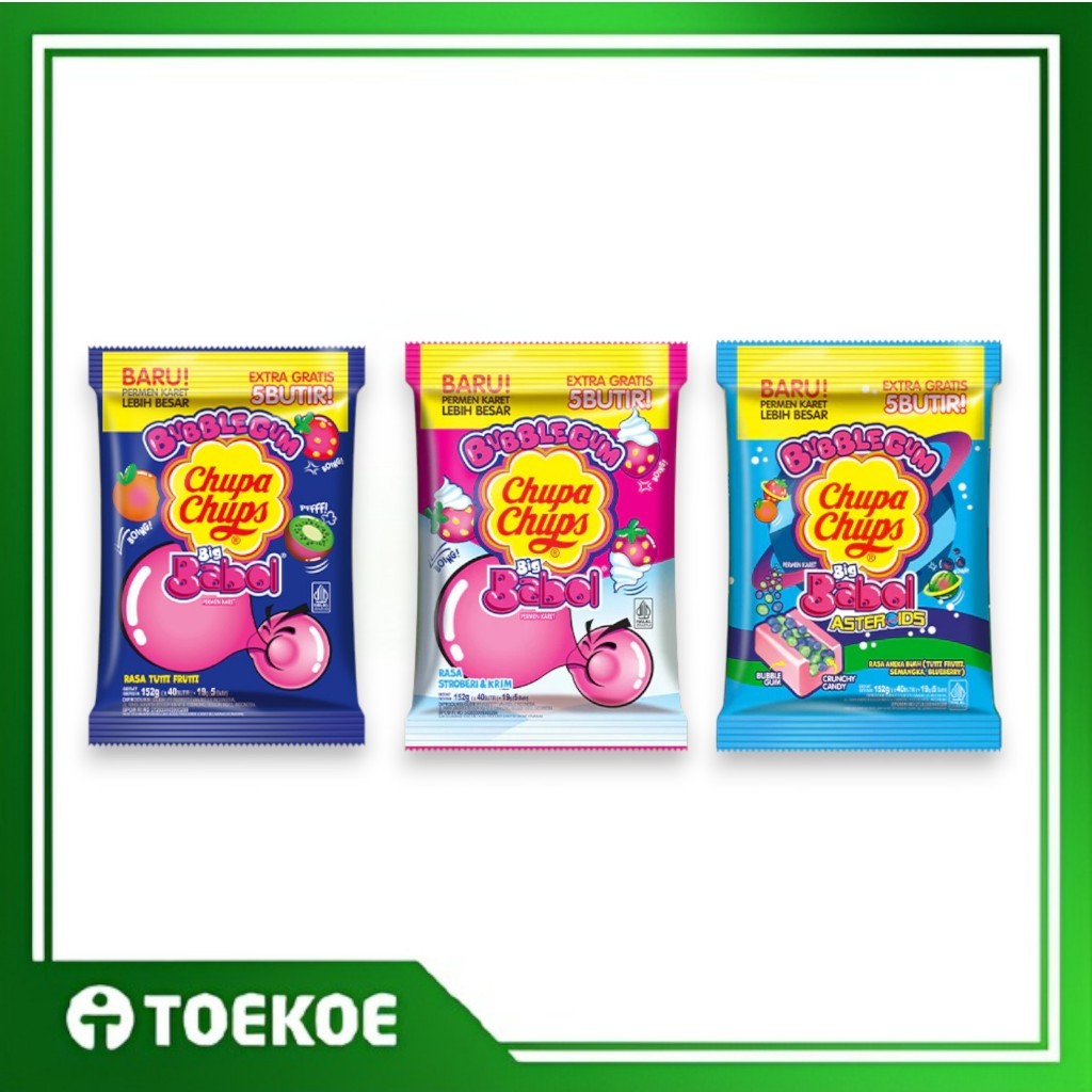 TOEKOE Chupa Chups Big Babol Pack 152gr Permen Karet Rasa Stroberi Tutti Fruity Asteroid Crunchy