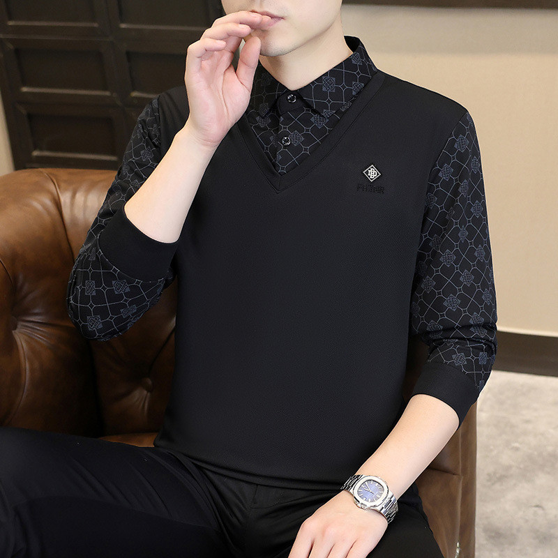 Gaya Baru Pria Kerah Turun Palsu Dua Potong Jacquard Santai T Baju Kaos