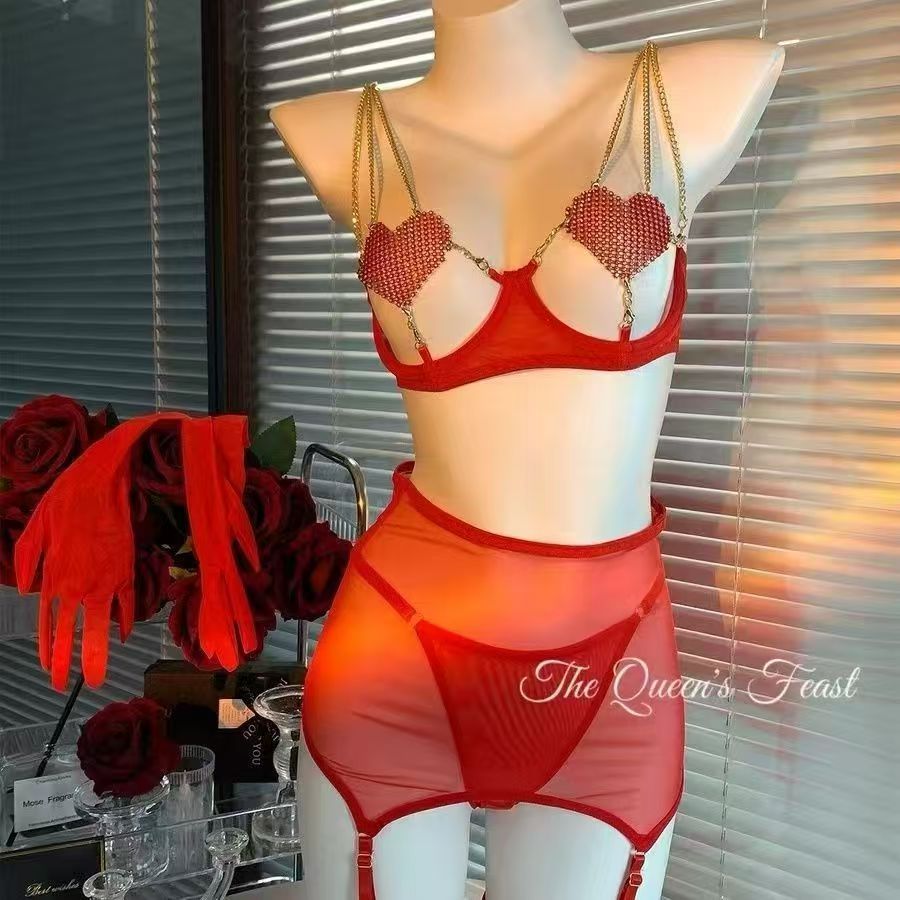 [Saror]Set Bra Pakaian Dalam Merah Renda Seksi Berlubang