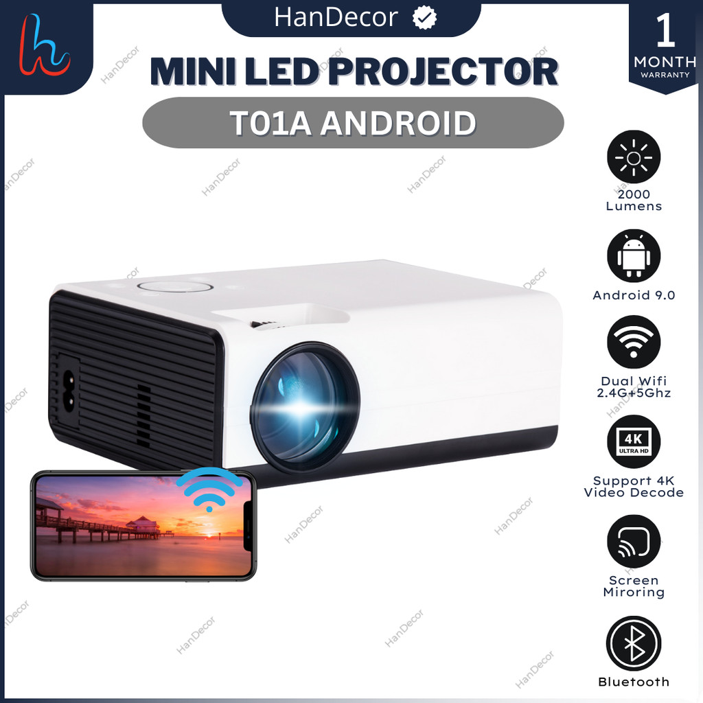 Smart Proyektor T01A Android 9 2000 Lumens | Proyektor Koneksi HP Android Bluetooth | Proyektor Andr