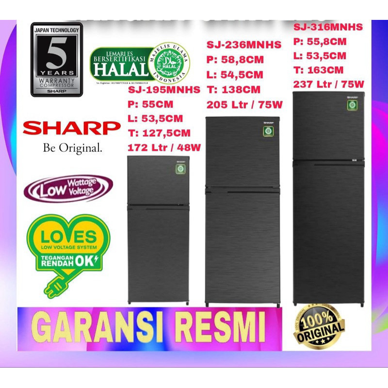 KULKAS SHARP 2 PINTU TINGGI SERI 236 MNHS / KULKAS SHARP 2 PINTU MURAH TINGGI / KULKAS SHARP MURAH N