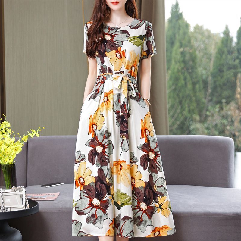 Gaun Panjang Wanita Dewasa Model Baru - Lengan Pendek, Pinggang Ramping, Katun Sutra, Elegan