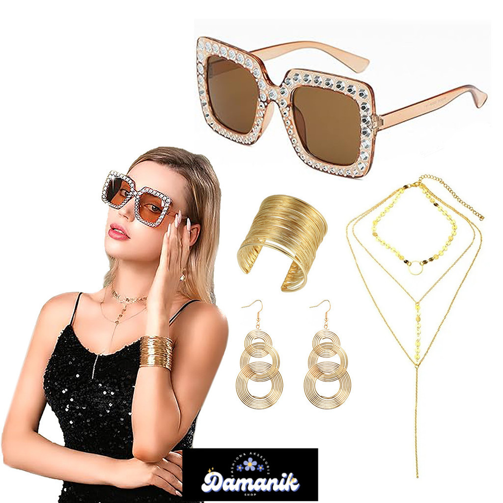 Paket Kalung beserta anting kacamata hitam gelang Elvis aksesoris pesta karnaval untuk wanita