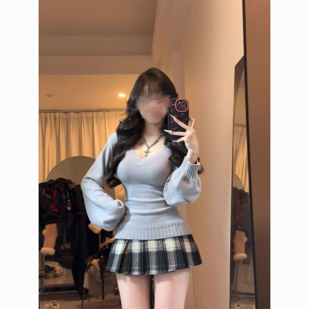 [Cream Winnie]Set dua potong sweter rajutan pinggang lengan lentera yang lembut dan rok kotak-kotak