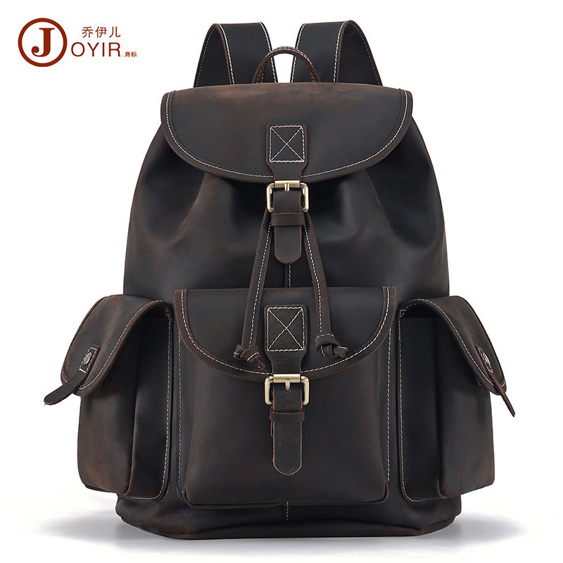 Crazy Horse Leather Backpack Flip Drawstring Men's Travel Bag Genuine Leather Backpack Men