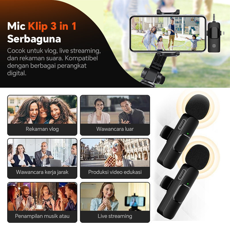promo terbaru mix.suara k15 3 in 1 2 mic wireless microphone hp tanpa kabel mini clip on mic