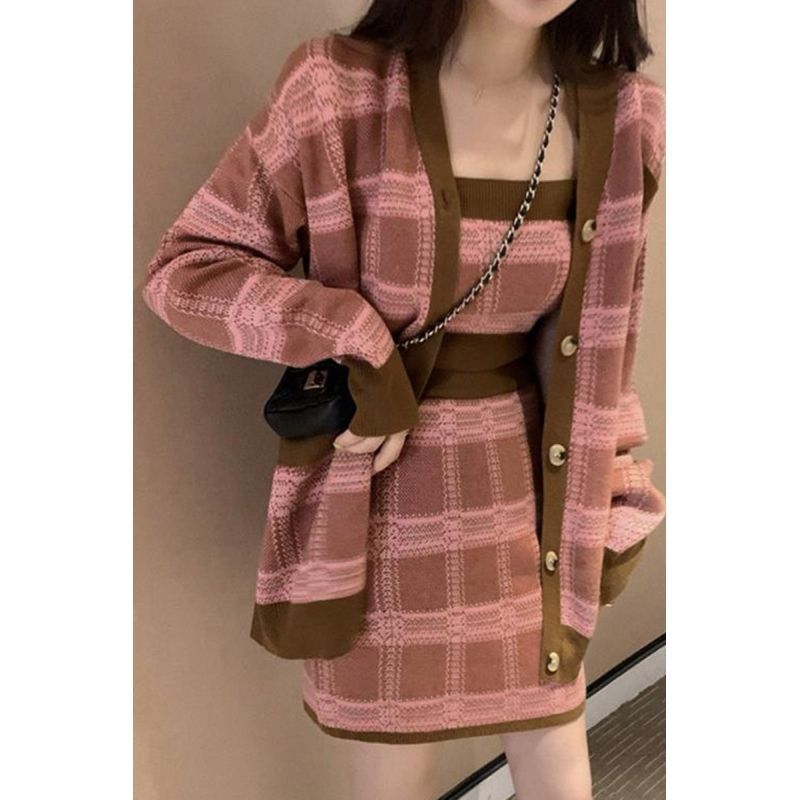 Set Camisole Rajut Baru Rok Bodycon Kotak-Kotak Set Dua Potong