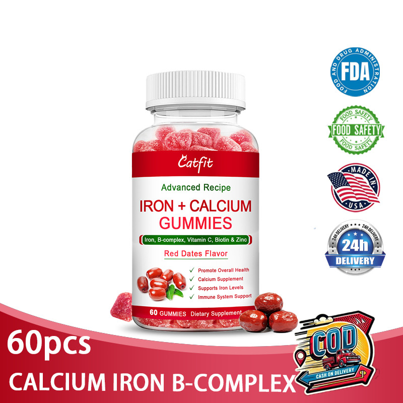 Catfit Iron Kalsium Gummies Rasa Kurma Merah dengan Vitamin C, A, Suplemen Vitamin B Kompleks Fungsi